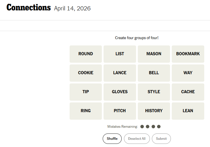 Today's NYT Connections For April 14, 2026, Word List