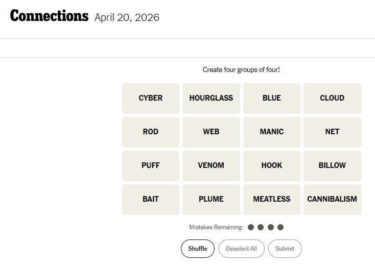 Today's NYT Connections For April 20, 2026, Word List