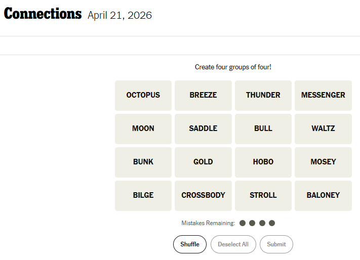 Today's NYT Connections For April 21, 2026, Word List