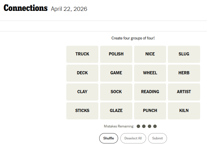 Today's NYT Connections For April 22, 2026, Word List