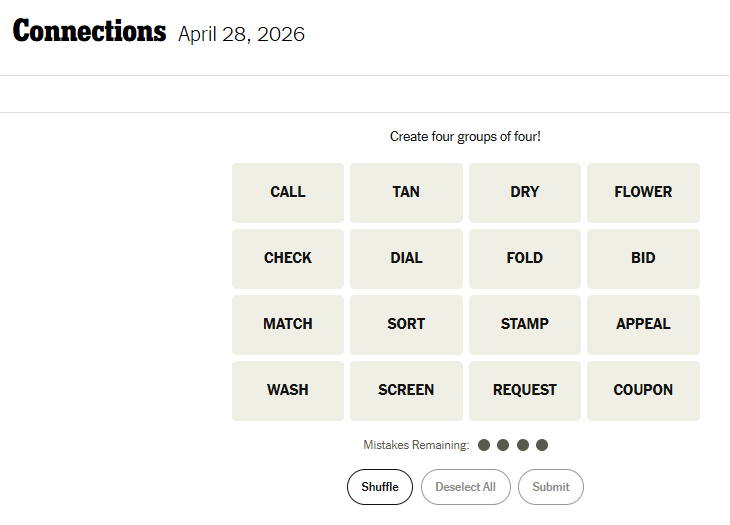 Today's NYT Connections For April 28, 2026, Word List
