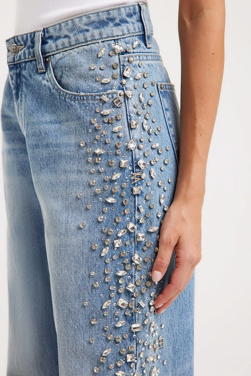 denim decorated with rhinestones