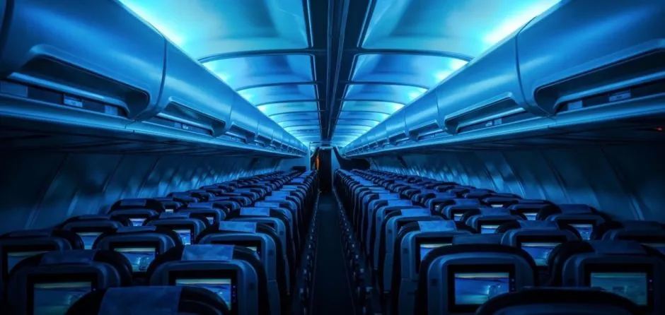 Blue seat covers in an aeroplane