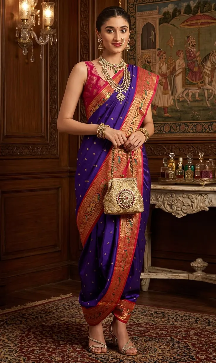1. Classic Nauvari Saree (Nine-Yard Kashta)