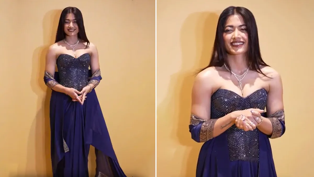 Rashmika Mandanna Redefines Ethnic Fusion In Amit Aggarwal’s Strapless Couture with Banarasi Drape