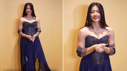 Rashmika Mandanna Redefines Ethnic Fusion In Amit Aggarwal’s Strapless Couture with Banarasi Drape