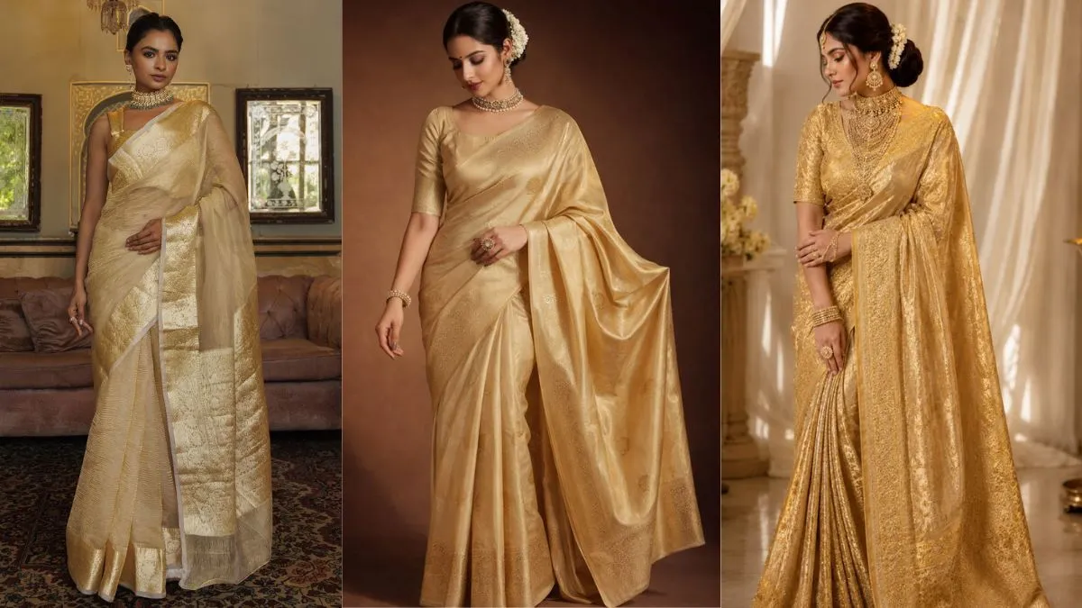 Gold Tissue Banarasi Sarees  Source Pinterest