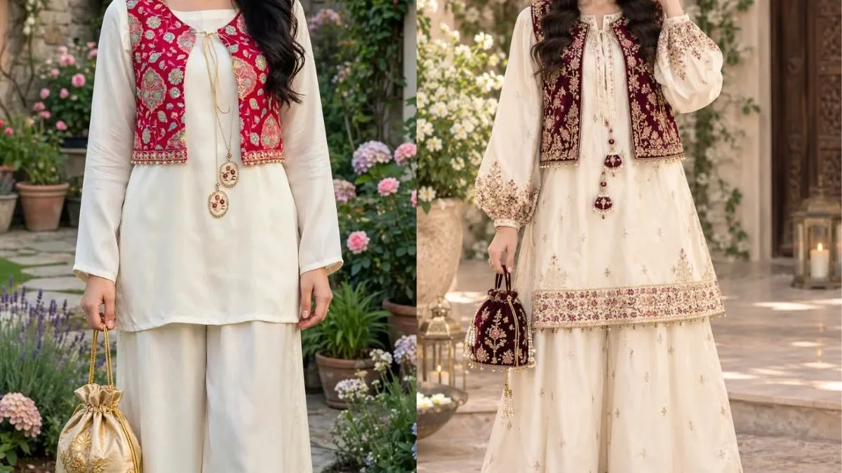 Printed Short Kurti With Solid Palazzo and Jacket   Source Pinterest