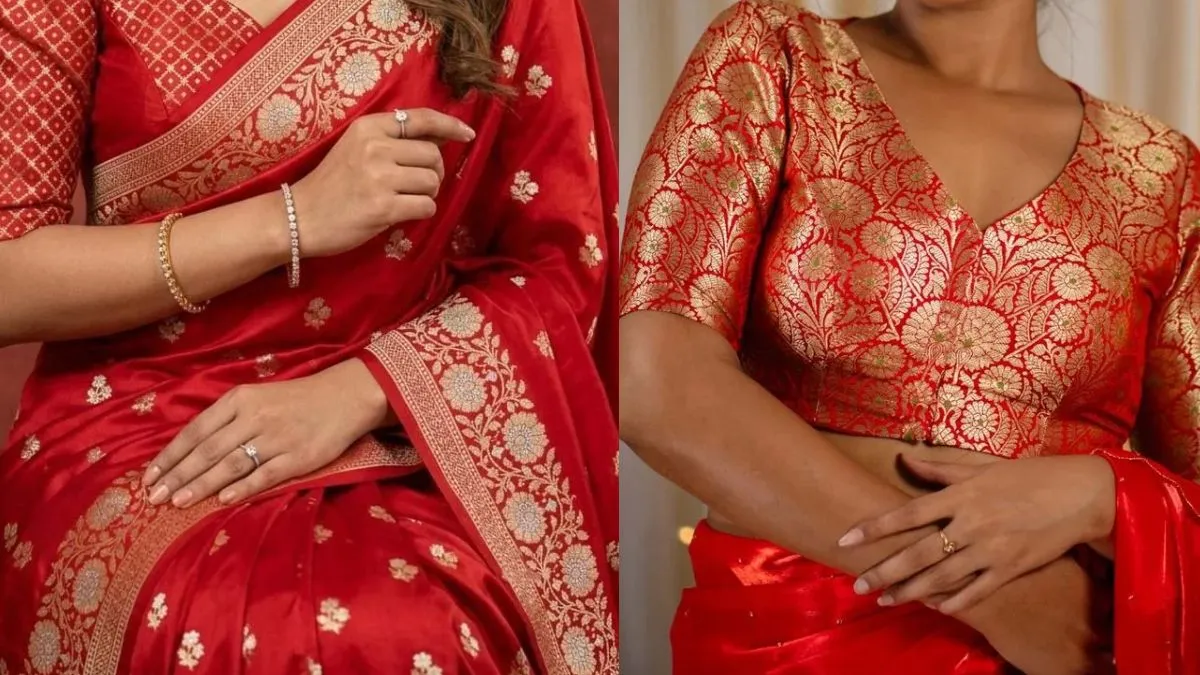 Red Banarasi Katan Silk With a Gold Brocade Blouse   _ Source_ Pinterest
