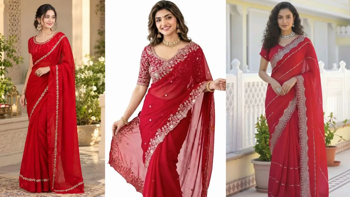 Red Georgette Saree With Georgette Blouse Designs _ Source_ Pinterest
