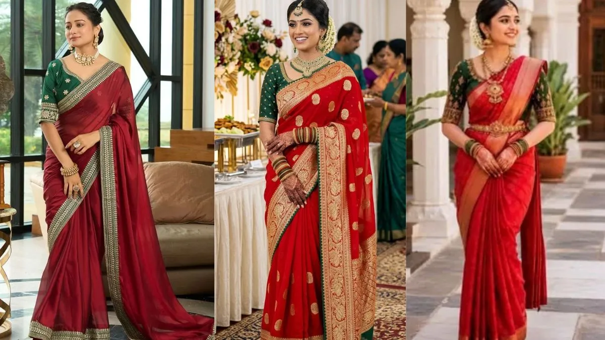 Red Tissue Saree With a Green Emerald Blouse _ Source_ Pinterest (1)