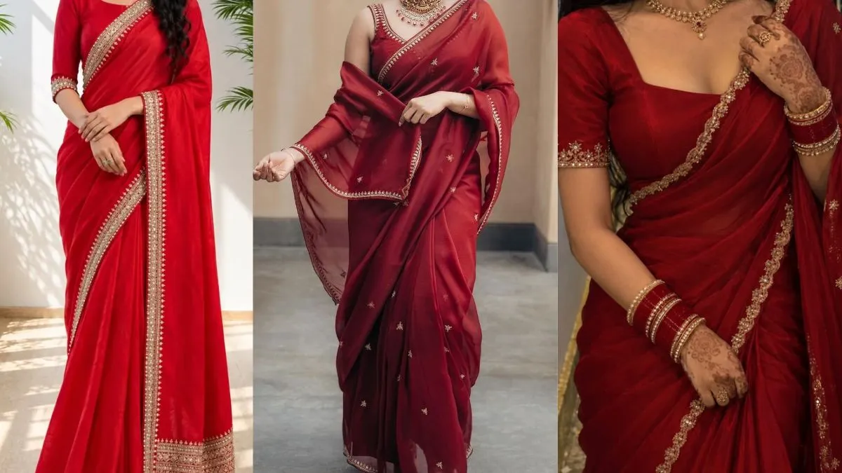_Embroidery Silk Red Saree with Plain Raw Silk Blouse  _ Source_ Pinterest