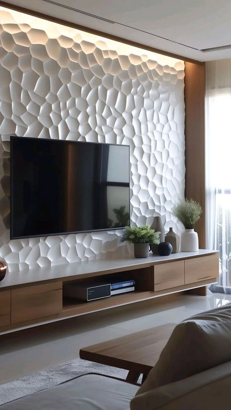 textured tiles behind tv