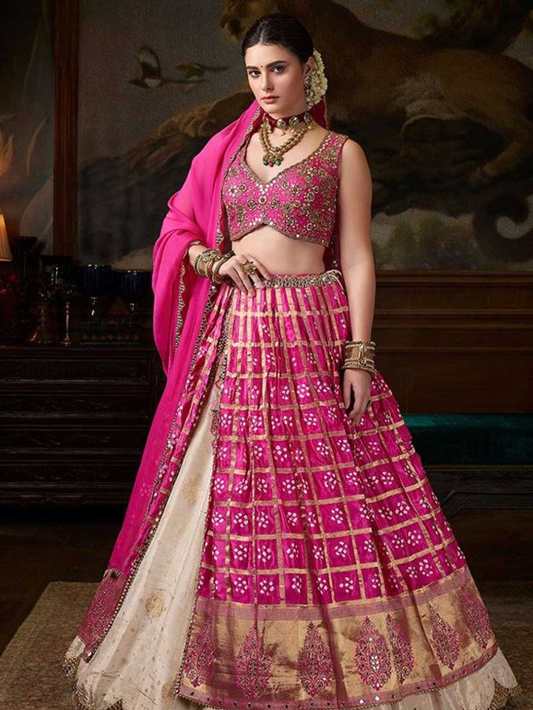 Floral Embroidered Bandhani Lehenga
