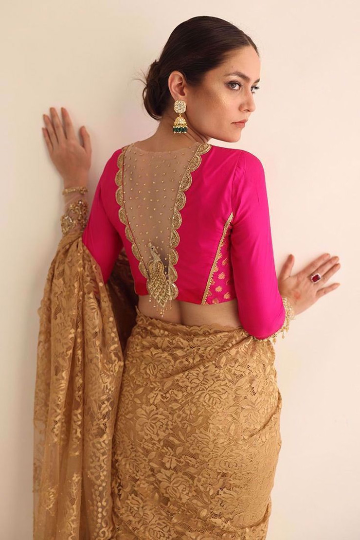 Pink colour Blouse Contrast With Golden Saree