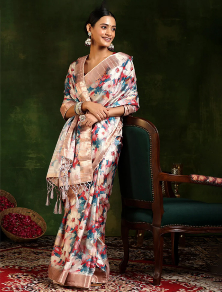 multi printed silk floral saree