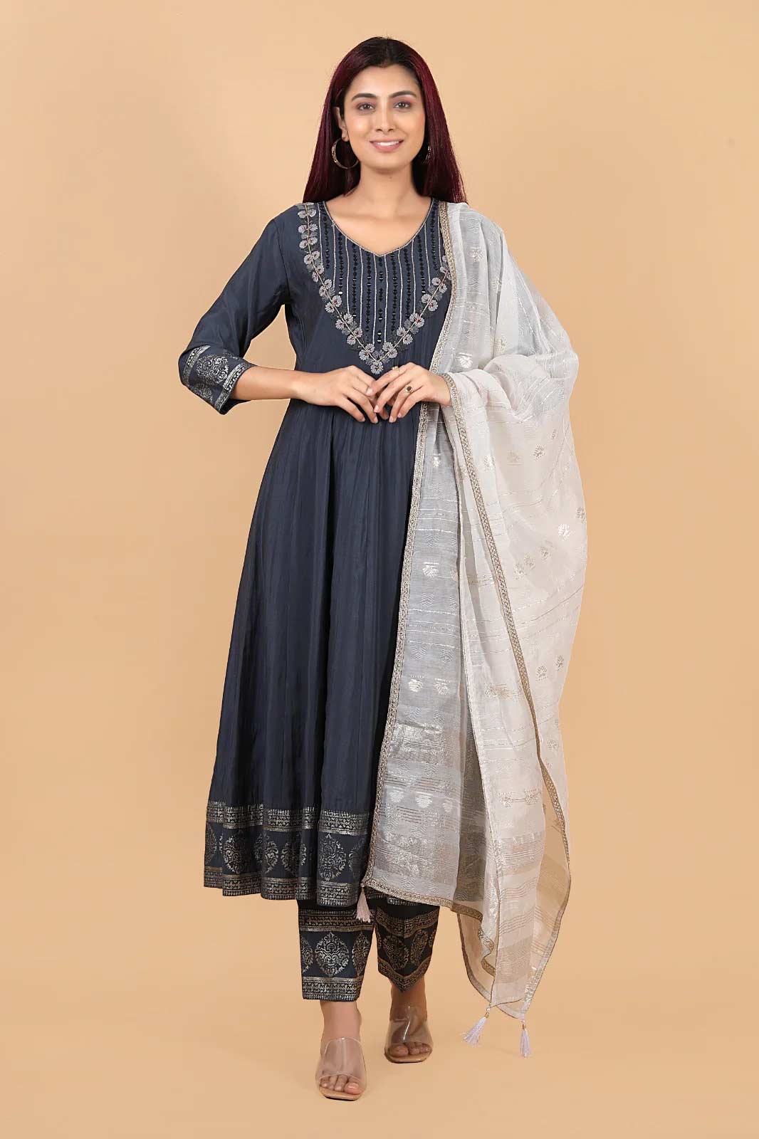 Silk Anarkali Mirror Work Suit