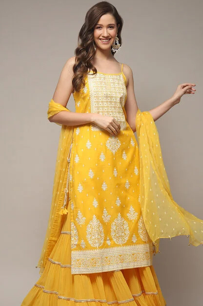 Silk Straight Kurta Sharara Suit Set