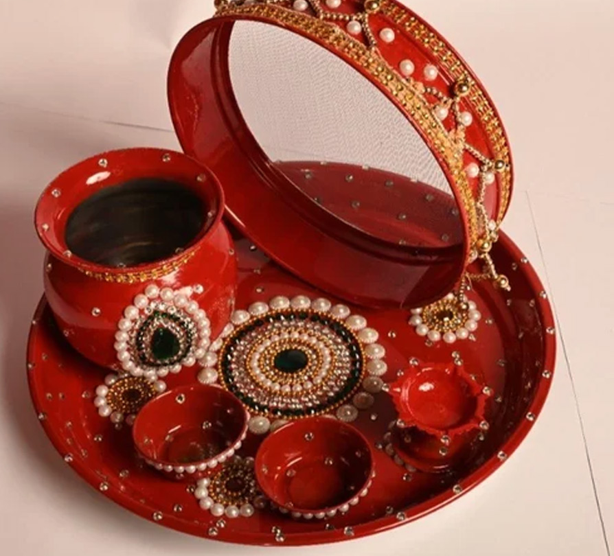 how to decorate karwa puja thali with colour