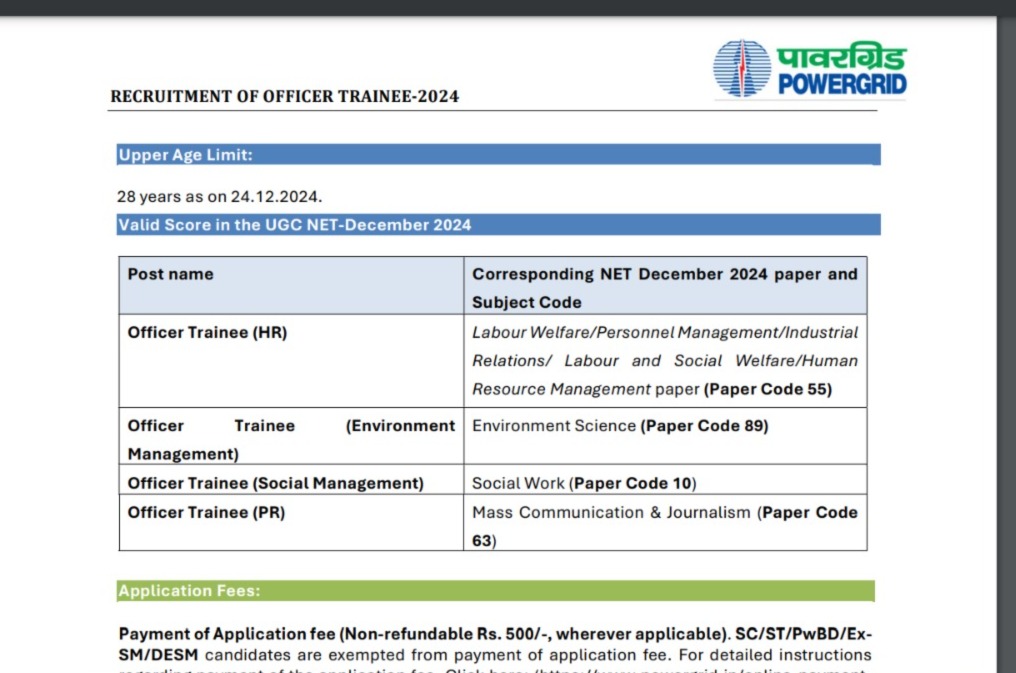 PGCIL Officer Trainee Eligibility
