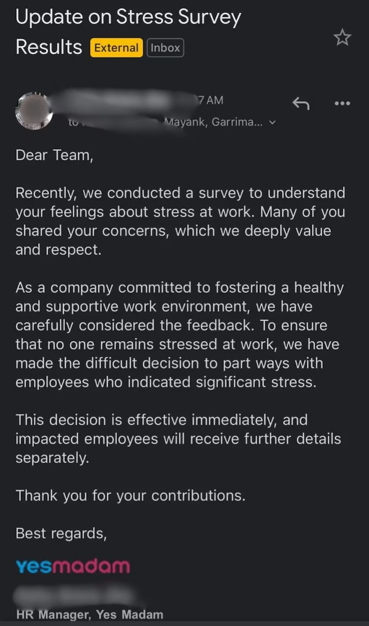 yesmadam layoff screenshot post