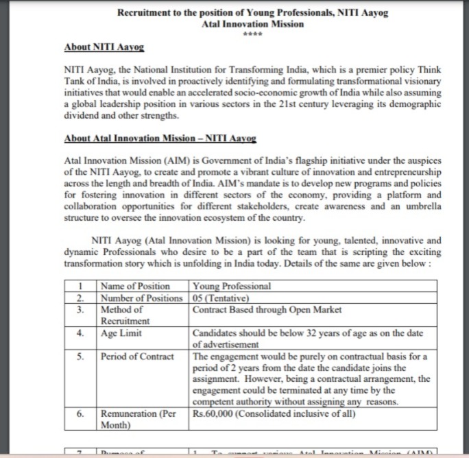 niti aayog recruitment for young professionals