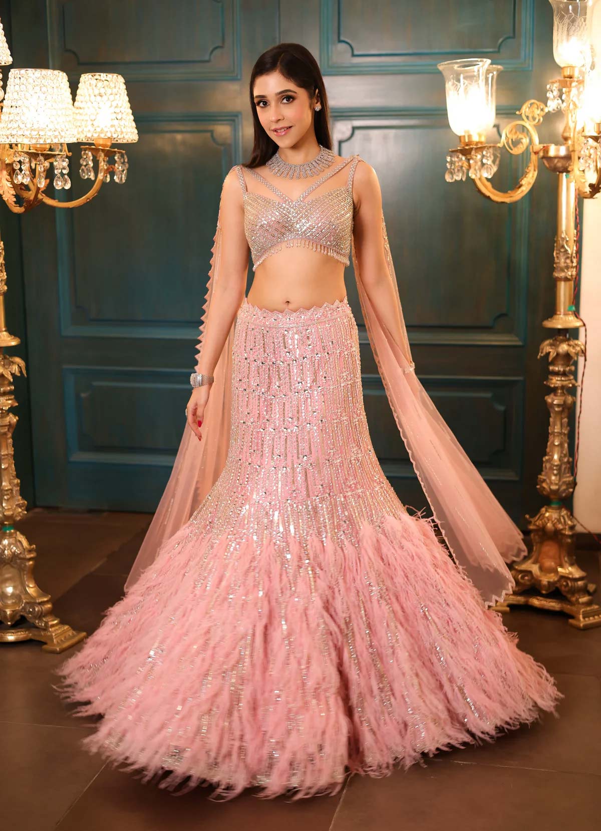 pink fish cut lehenga