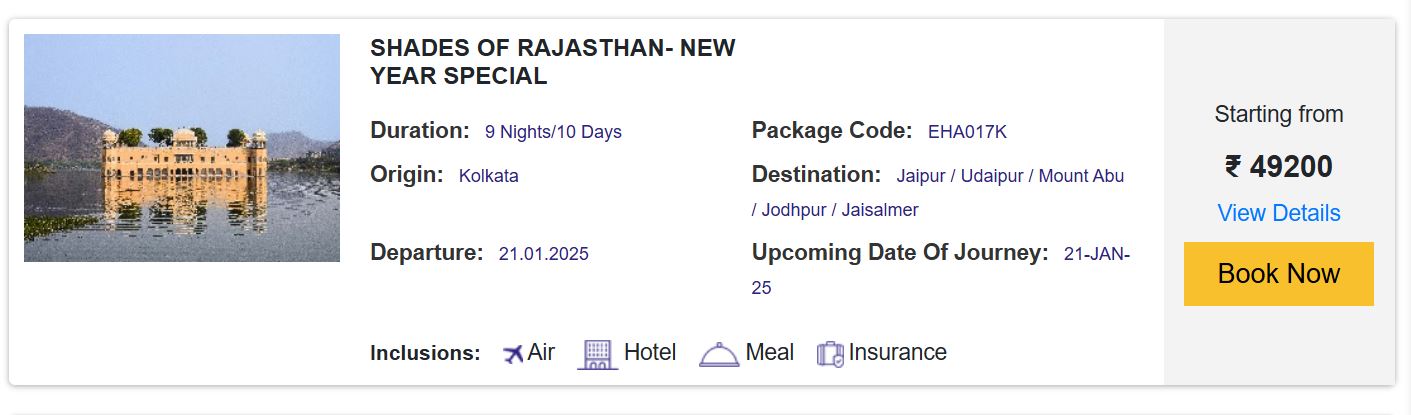 kolkata to rajasthan irctc tour package in budget