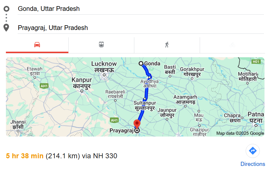 Gonda To Prayagraj Route
