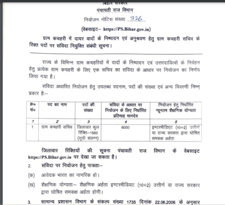 Bihar Gram Kachahari Secretary Recruitment details in hindi
