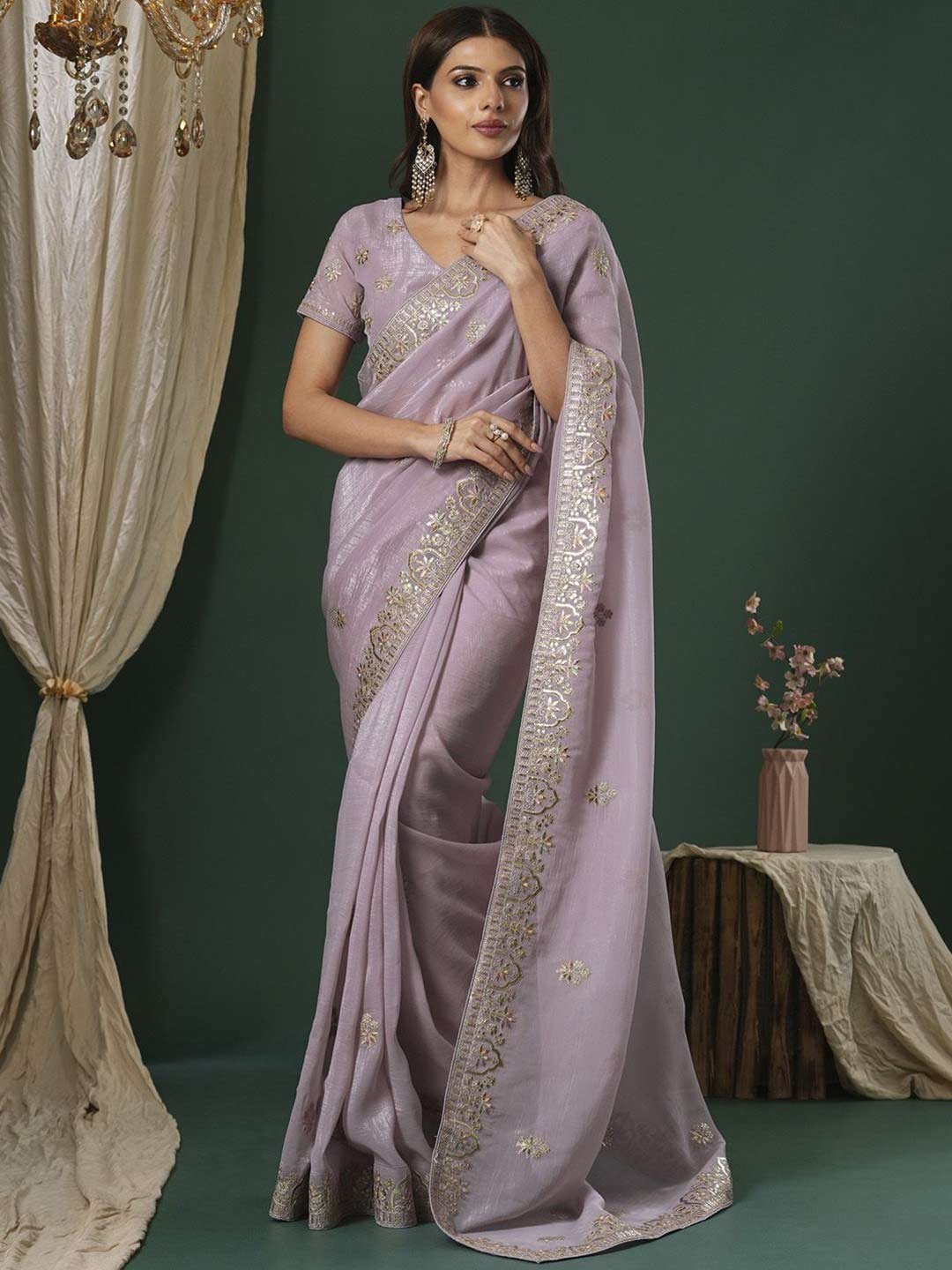 Embrodery work satin saree
