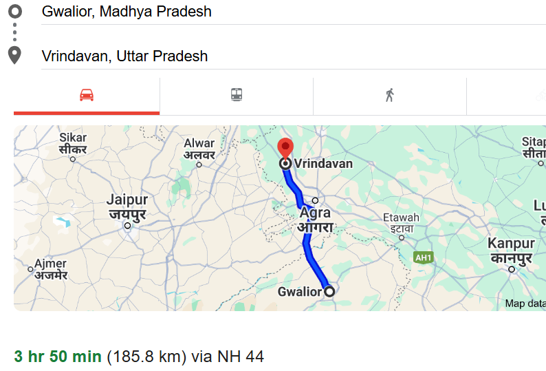 Gwalior To Vrindavan Distance And Route