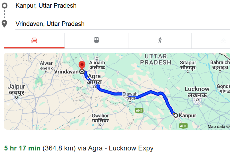 Kanpur To Vrindavan Road Trip Route