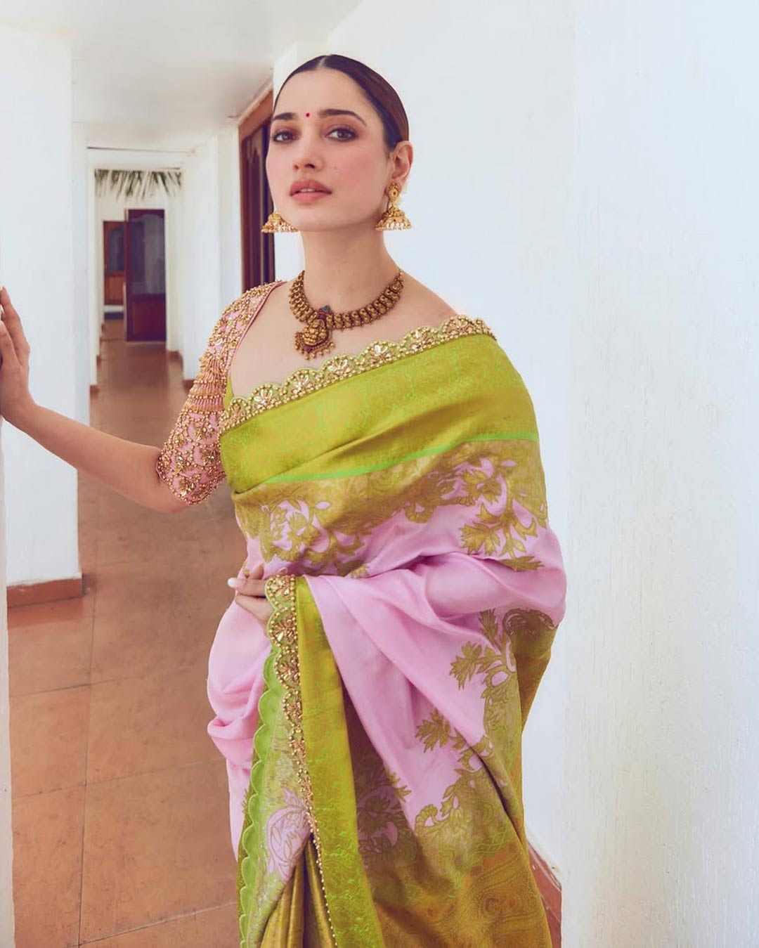 Temple jewellery with silk saree