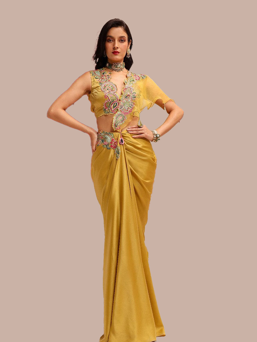 satin pre stich saree