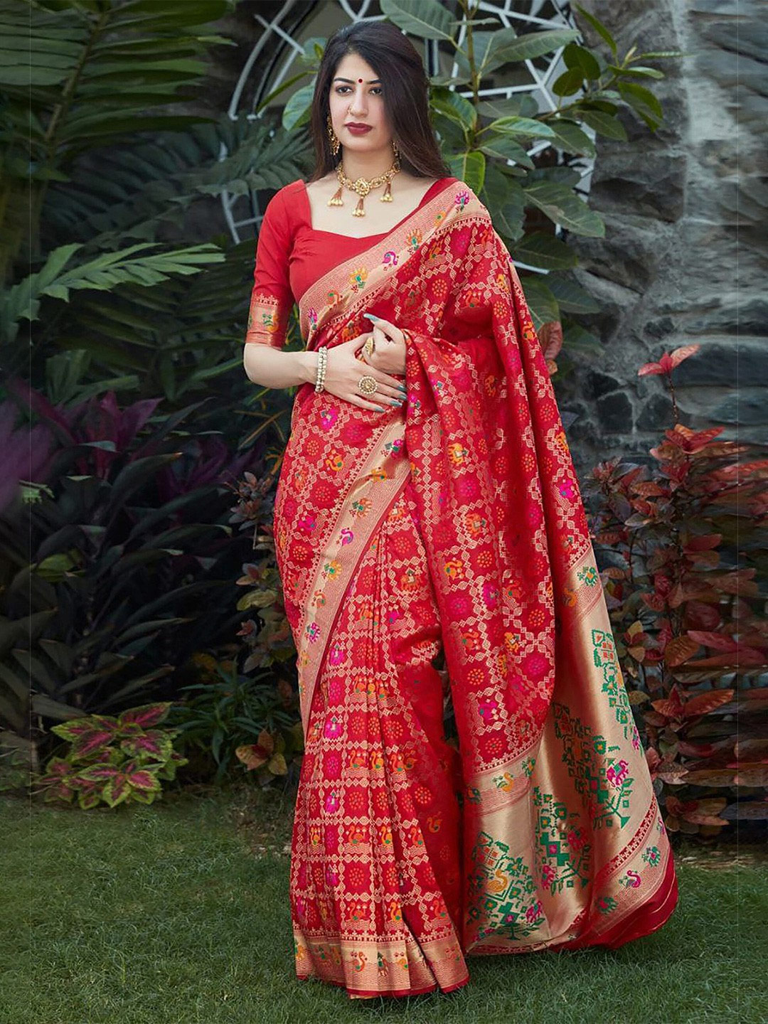 red chundri print silk saree