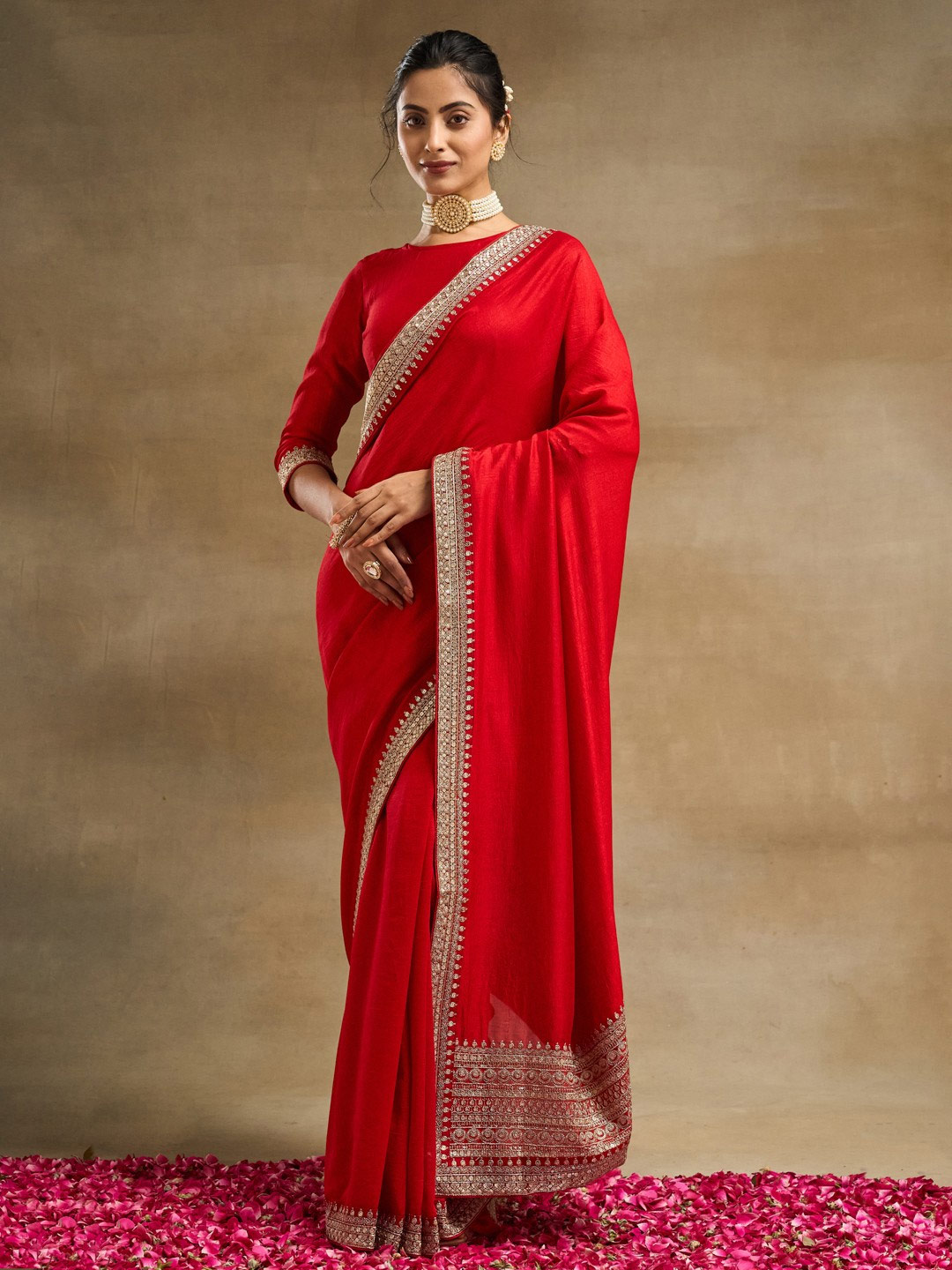 red plain saree
