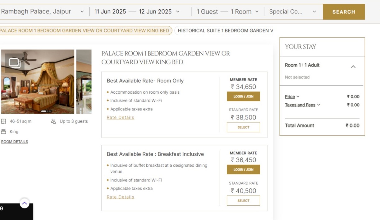 one day stay cost at rambagh palace