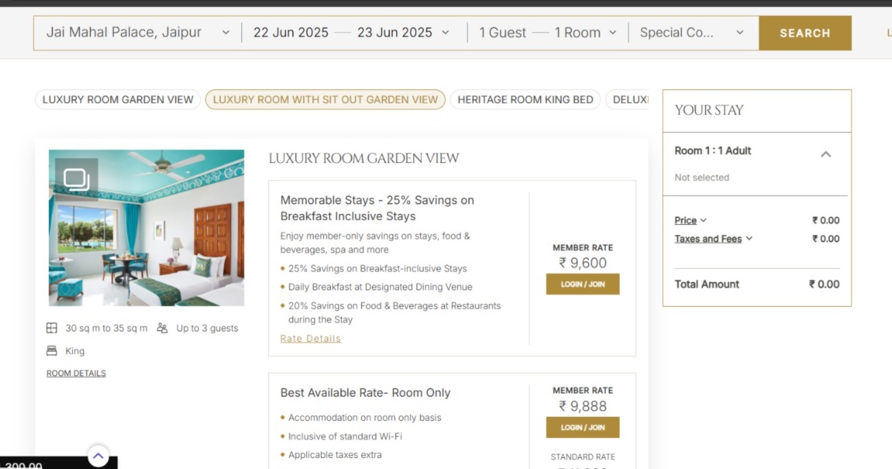 Jai Mahal Palace Room Rate