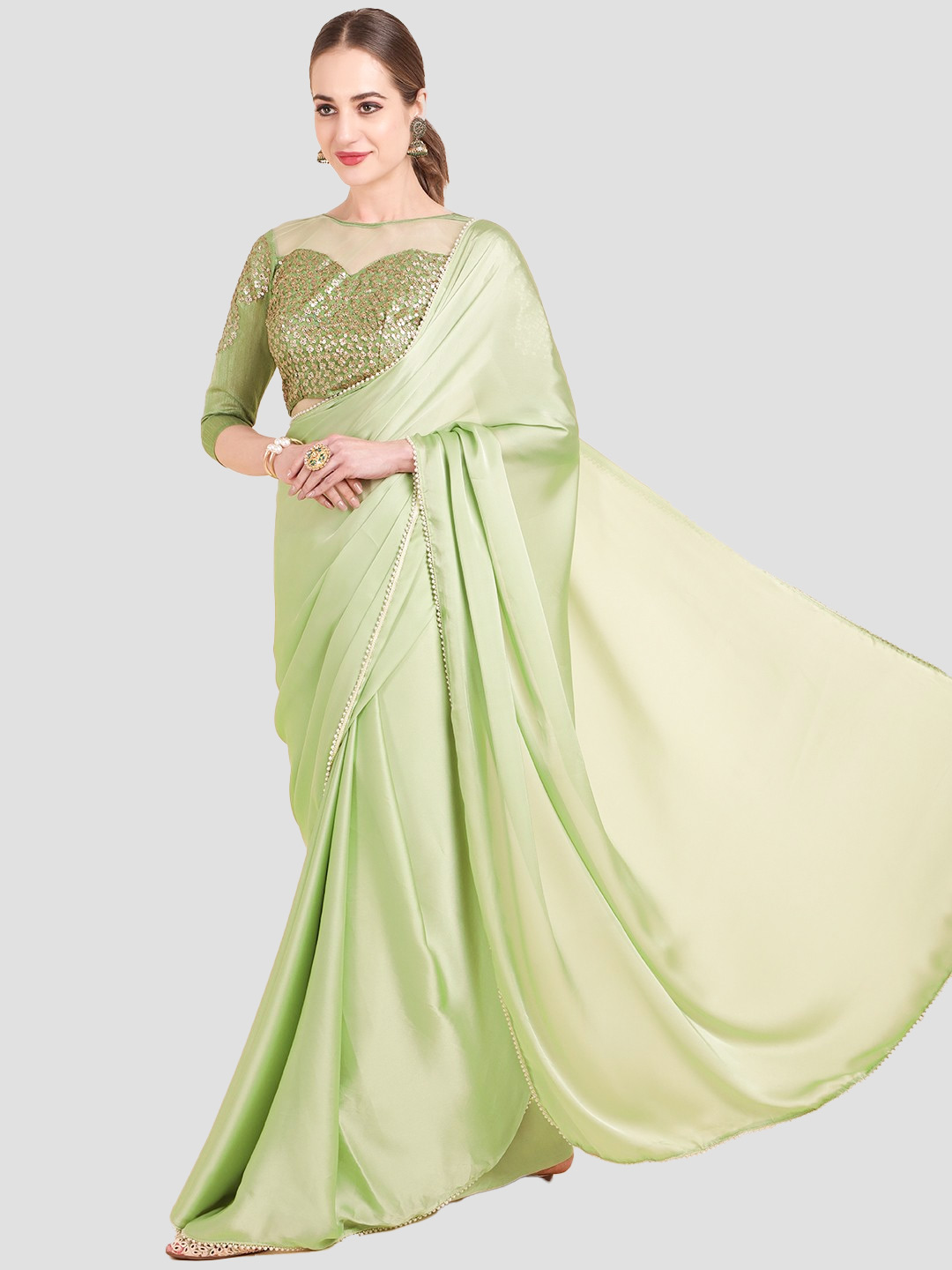 olive green saree designs for traditional look in sawan