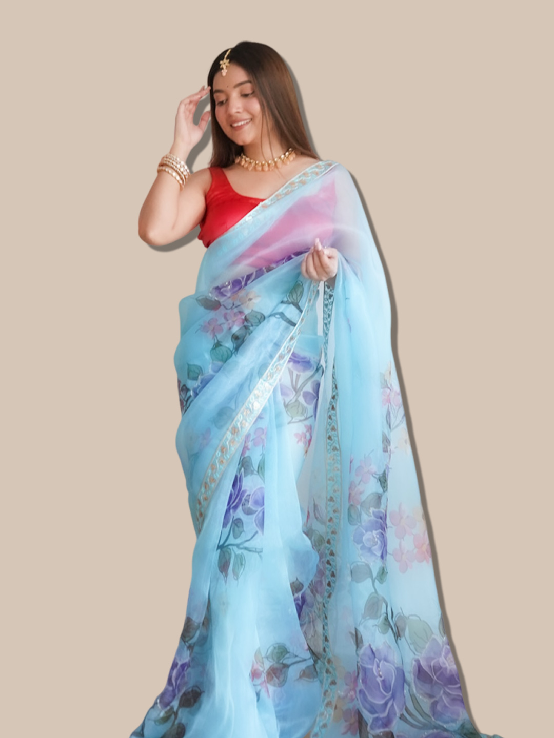 sky blue orgenza saree
