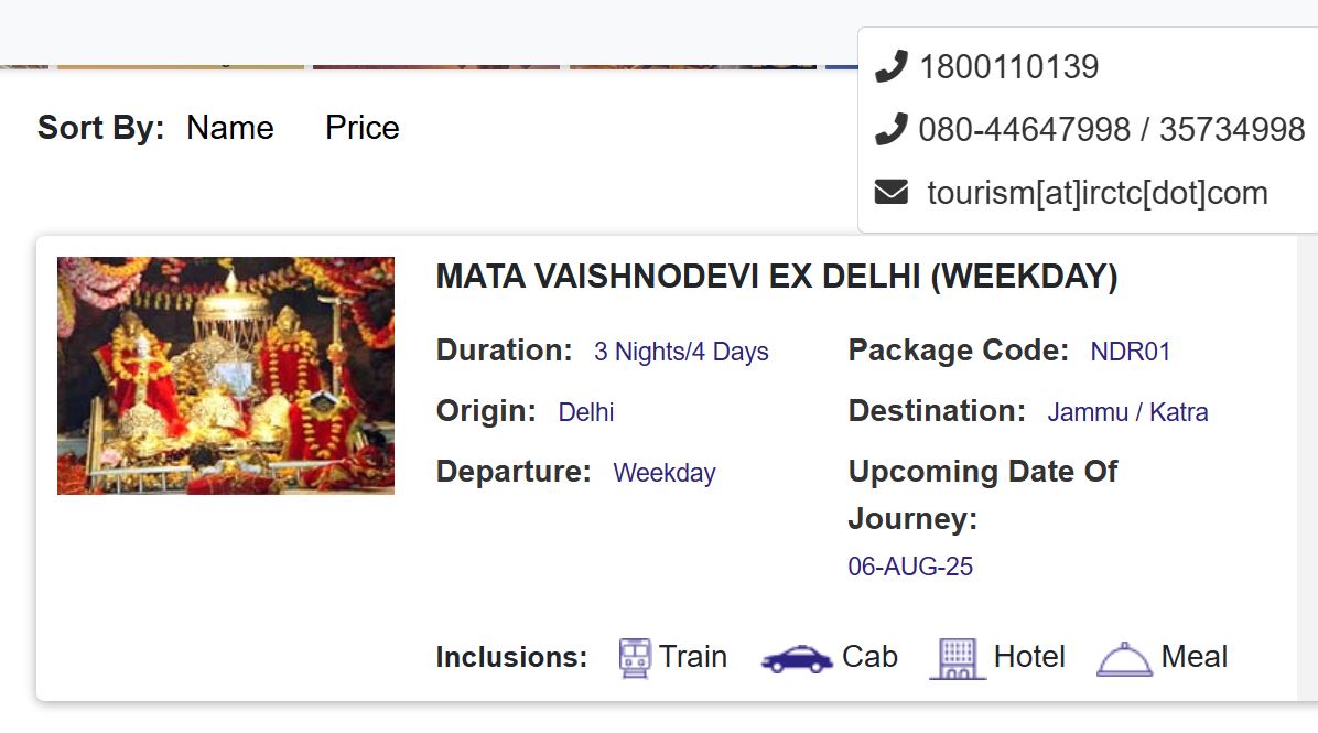 irctc vaishno devi tour package on 6th august