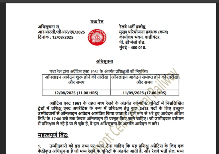 Central Railway Apprentice vacancy details