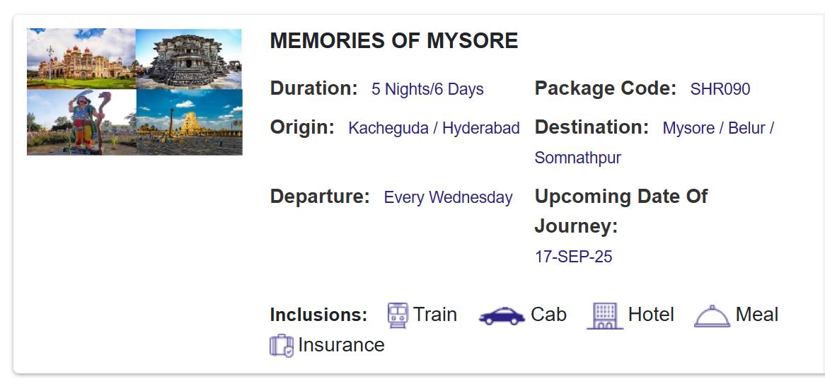 irctc mysore belur and somnathpur tour package under rs 2000 only know know full facility