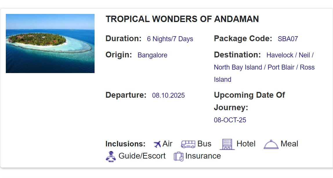 bengaluru to port blair irctc tour package budget facilities and all details