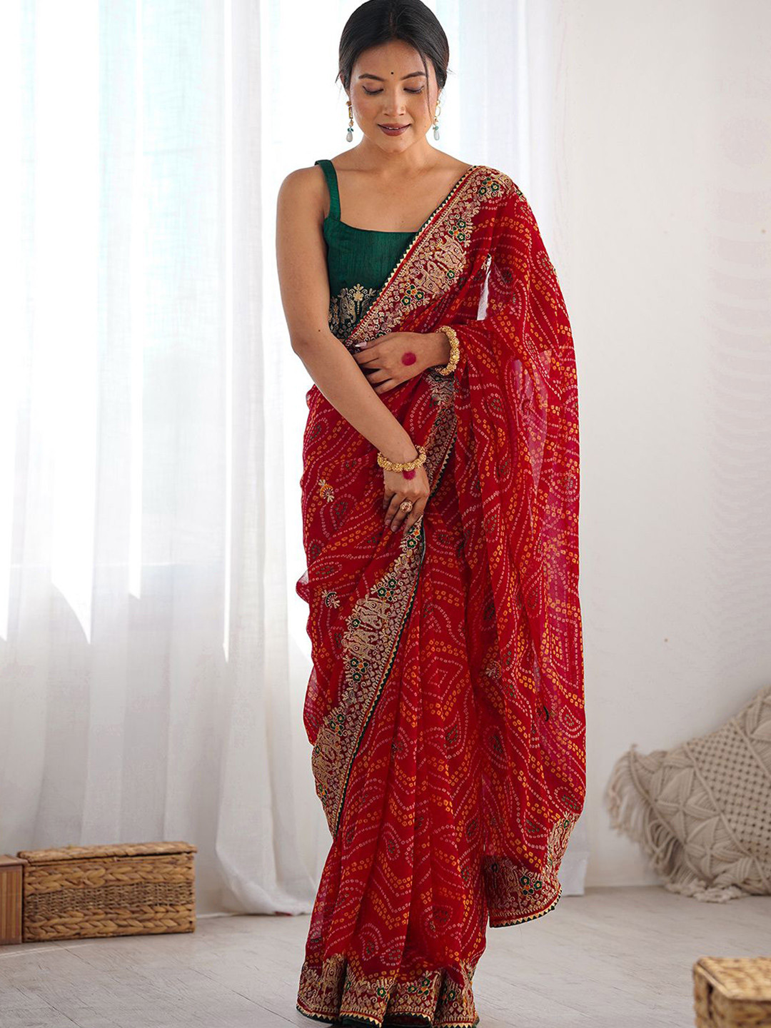 red bandhni saree