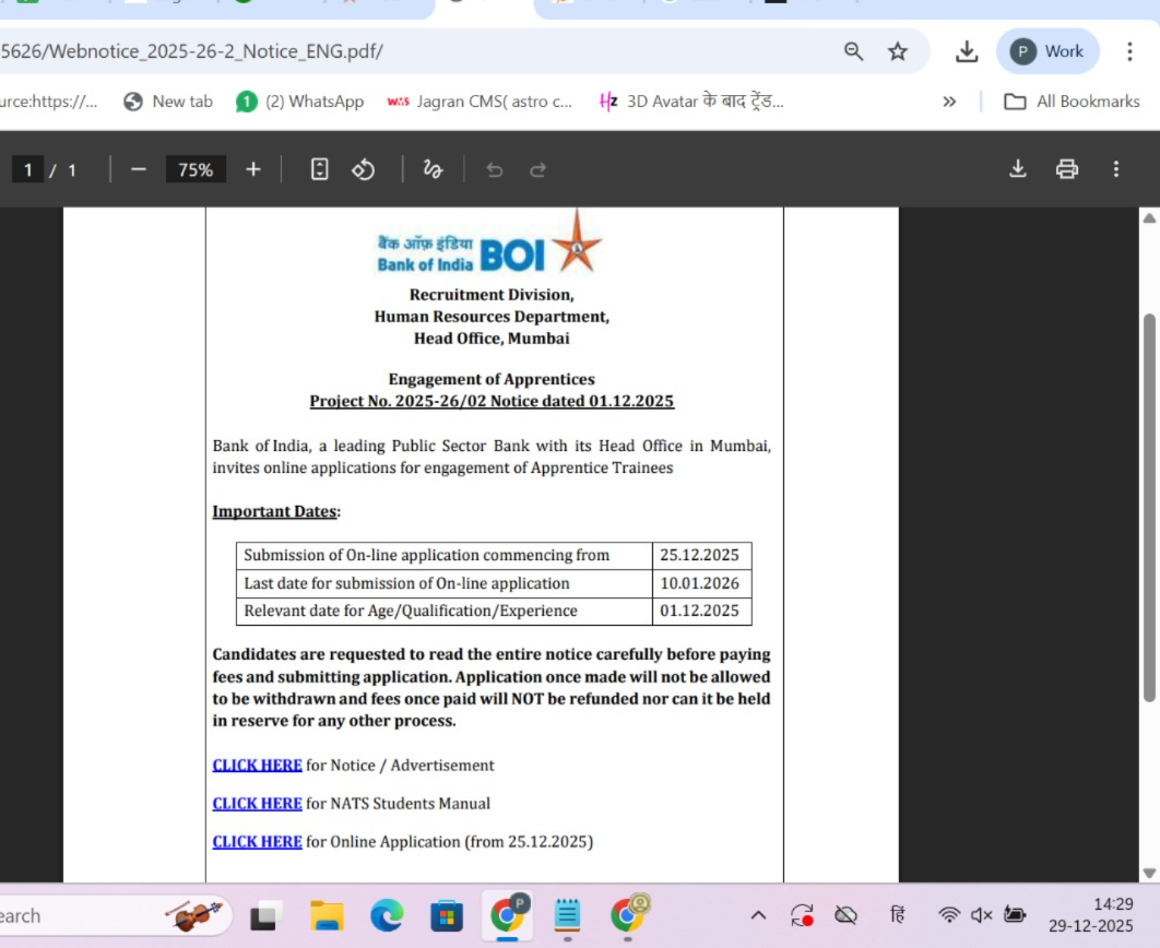 Bank of India Apprentice online application form