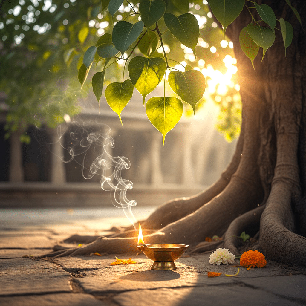 lighting lamp under peepal tree for shani blessings