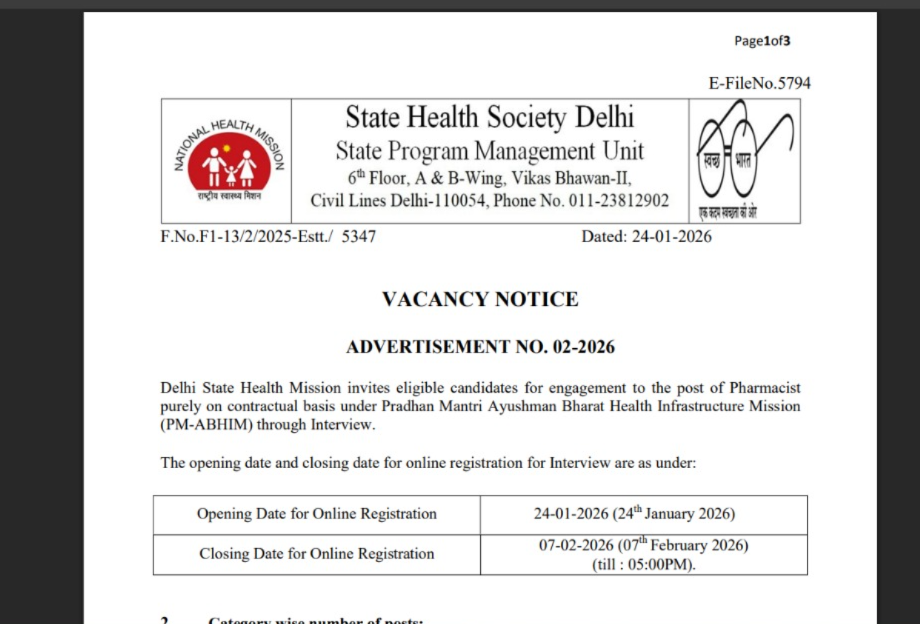 delhi pharmacist vacancy official details