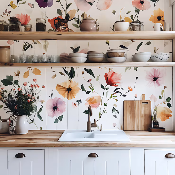 Floral and nature inspired kitchen wallpaper